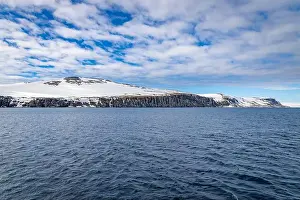 Uria Lomvi Prints: rocks waterfall small iceberg and glacier at the Alkefjellet between Spitsbergen and Nordaustlandet on Svalbard