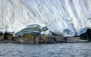 Uria Lomvi Prints: rocks waterfall small iceberg and glacier at the Alkefjellet between Spitsbergen and Nordaustlandet on Svalbard