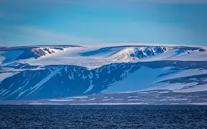Uria Lomvi Prints: rocks waterfall small iceberg and glacier at the Alkefjellet between Spitsbergen and Nordaustlandet on Svalbard