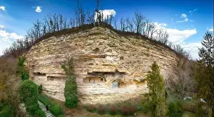 Karst Prints: Rocky cliff with Aladzha Orthodox cave monastery in Golden Sands Nature Park, Bulgaria