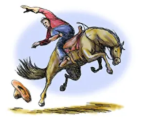 Rodeo Prints: Rodeo Cowboy Falling off Horse