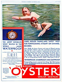 Wrist Prints: Rolex Oyster 1930 ad for the Swiss waterproof wristwatch with Jabez Wolffe training Micky West to swim the Channel