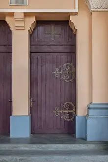 Porch Prints: Roman Catholic cathedral church with closed wood door