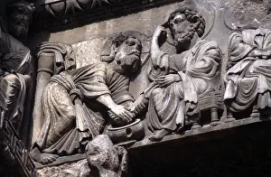 Feet Prints: Romanesque Bas Relief Sculpture of Saint Peter Washing Christ's Feet Showing Humility