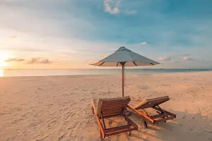 Romantic beach scenery, summer vacation or honeymoon background. Travel adventure sunset landscape of tropical island beach