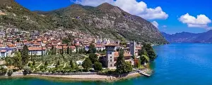 Bergamo Prints: Romantic beautiful lake Iseo, aerial view of Predore idyllic village surrounded by mountains