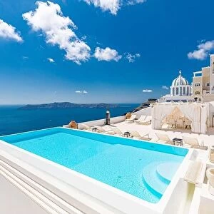 Images Dated 11th May 2019: Romantic holidays Santorini resorts with infinity pool and sea view. Amazing summer travel landscape