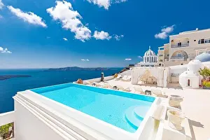 Sunbath Prints: Romantic holidays Santorini resorts with infinity pool and sea view