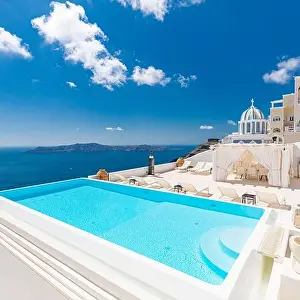 Romantic holidays Santorini resorts with infinity pool and sea view. Amazing summer travel landscape and white architecture, honeymoon destination