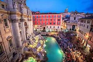 Rome, Italy overlooking Trevi Fountain during twilight