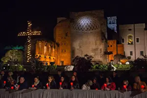 Archeological Site Prints: Rome. People gather in front of the Roman Forum during the celebration of Pope Francis Way of the Cross