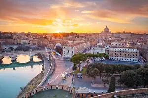 Rome, Vatican City. Aerial cityscape image of Vatican City with the Saint Peter Basilica, Rome, Italy during beautiful sunset
