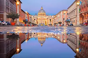 Obelisk Prints: Rome, Vatican City. Cityscape image of illuminated Saint Peter`s Basilica and Street Via della Conciliazione