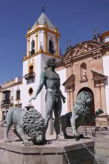 Andalucia Prints: Ronda Andalusia Spain the fountain and statue of Hercules with two lions in the Plaza del Socorro