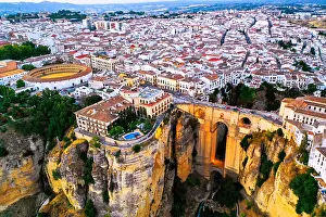 Arch Prints: Ronda, Spain. Aerial evening view of New Bridge over Guadalevin River in Ronda
