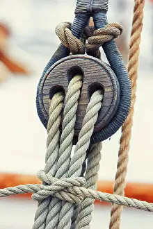 Control Prints: Ropes attached to the lifting mechanisms vintage wooden yacht