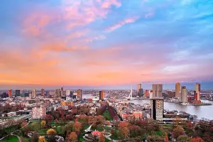 Nieuwe Maas Prints: Rotterdam, Netherlands, city skyline over the Nieuwe Maas River at twilight