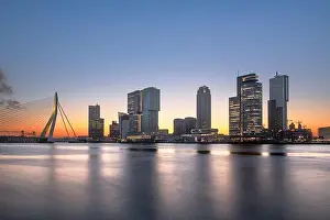 Rotterdam, Netherlands, city skyline on the river at twilight