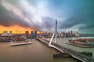 Rotterdam, Netherlands, city skyline over the river at twilight