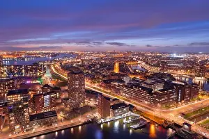 Rotterdam, Netherlands, cityscape towards the borough of Delfshaven at twilight