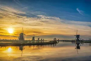 Rotterdam Prints: Rotterdam Netherlands, sunrise nature landscape of Dutch Windmill at Kinderdijk Village