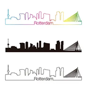 Rotterdam Prints: Rotterdam skyline linear style with rainbow