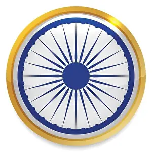 Supporter Prints: Round button with golden frame and blue Ashoka Chakra wheel inside of it