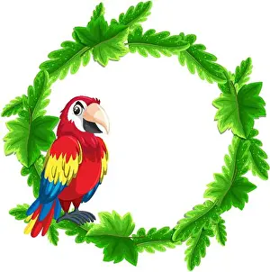 Tropical Garden Prints: Round green leaves banner template with a parrot bird illustration