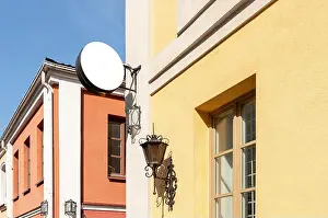 Shop Sign Prints: Round signboard mockup at old city building with retro lantern
