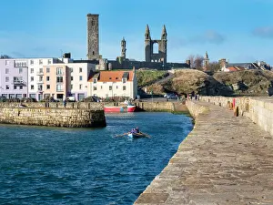 Historic Buildings Prints: Rowing boat entering St Andrews Harbour on a sunny spring morning St Andrews Fife Scotland