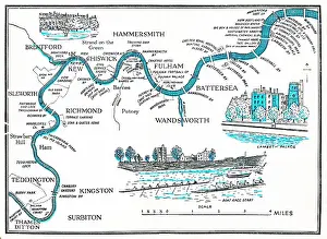 Pictures Prints: Rowing Map of the Thames, 1955 illustrated plan of the River Thames as it winds through London
