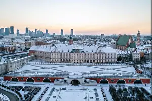 Pkin Prints: Royal Castle and Warsaw downtown at dusk, aerial winter panorama