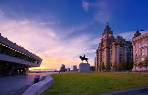 Liverpool Prints: Royal Liver building at sunset on Liverpool Waterfront