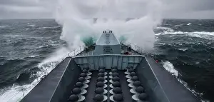 Rough Sea Prints: A Royal Navy Type 23 frigate in stormy weather viewed from the ships bridge