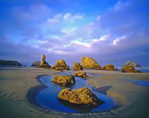 Early Morning Prints: Rugged rock formations along the shoreline with tide pools at Bandon State Natural Area on the Oregon coast; Bandon