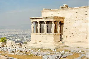 The ruins of Erechtheion with statues of Caryatids on Acropolis in Athens, Greece