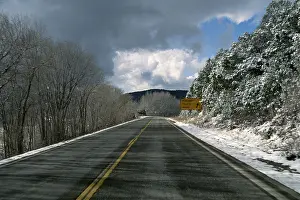 Trucking Prints: Runaway truck ramp sign on mountain highway in winter Sacramento Mountains Cloudcroft New Mexico