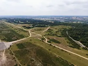 Great Green Prints: Runway and control tower at Greenham Common overlooking Newbury Racecourse and town in distance