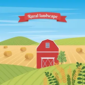Peasant Prints: Rural landscape with farmhouse and ears of wheat. Vector illustration in flat style