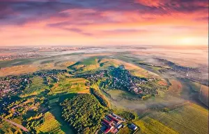 Rural landscape photography. Foggy autumn sunrise on countryside