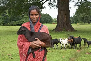 Villager Prints: Rural woman with goat animal husbandry economic initiative started by NGO Chinmaya Organization of Rural Development