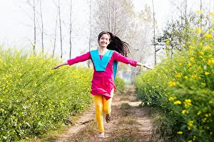 Villager Prints: One Rural Young Girl Running In Farm Village Fun Enjoying