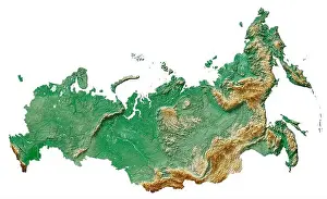 Relief Map Prints: Russia. A highly detailed 3D rendering of a shaded relief map with rivers and lakes
