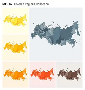 Divisions Prints: Russia map collection. Country shape with colored regions