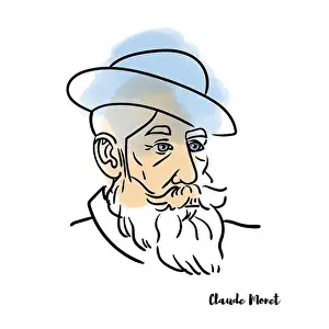 RUSSIA, MOSCOW - JUNE 29, 2019: Claude Monet vector hand drawn watercolor portrait with ink contours. French painter, a founder of French Impressionis