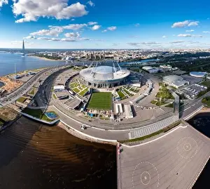 Lakhta Prints: Russia, St.Petersburg, 01 September 2020: Drone point of view of new stadium Gazprom Arena