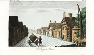 Copperplate Prints: Russian village, 18th century, a single street of traditional loghouses or Izba and a church