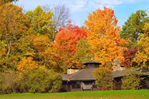 Chimneys Prints: Rustic park shelter in Cuyahoga Valley National Park with brilliant autumn foliage