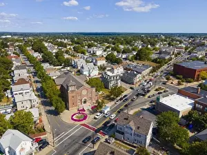 Sacred Heart Catholic Church aerial view at 118 Taunton Avenue in downtown East Providence, Rhode Island RI, USA