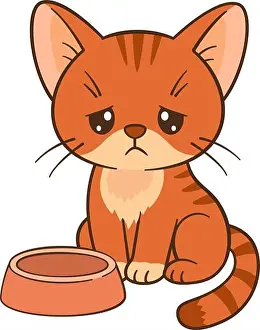 Chibi Prints: Sad cartoon kitten sitting next to an empty food bowl